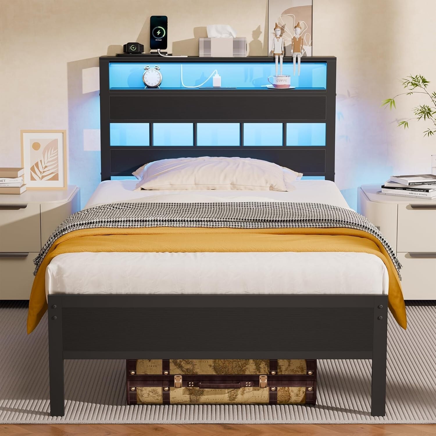 Durable Twin Bed Frame with USB Charging Station & Under-Bed Storage Solutions