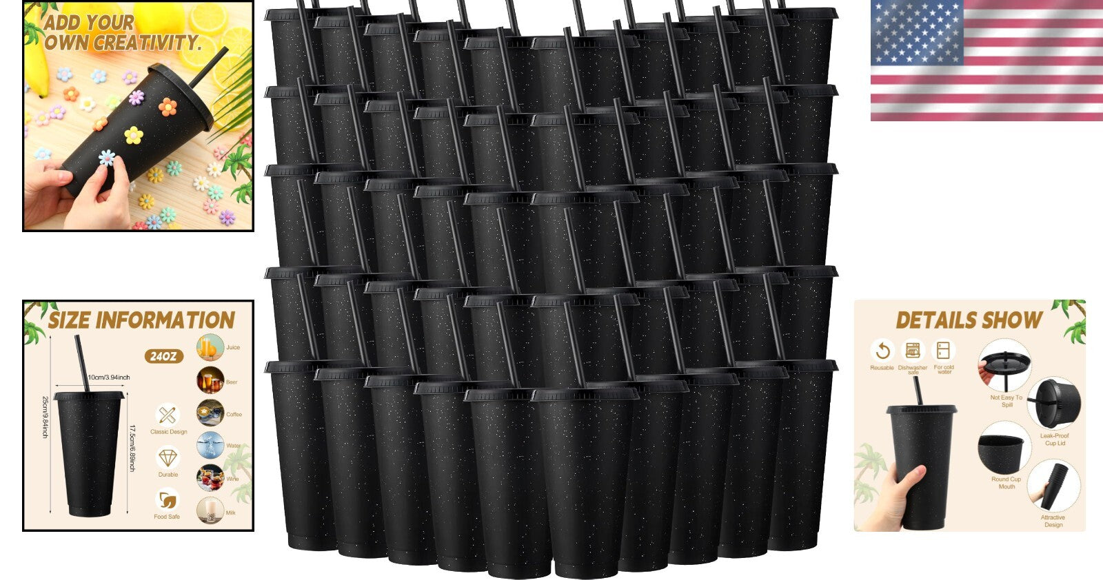 60 Pack Black Glitter Tumblers with Straw & Lid – Stylish Drinkware for Parties