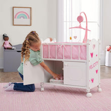 Load image into Gallery viewer, Heirloom Wooden Doll Bed with Storage &amp; Musical Mobile, Personalized Kit - 22in