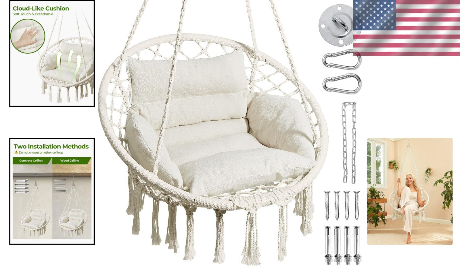 Versatile Macrame Hanging Chair with Adjustable Cushion – 330lbs Capacity, Beige