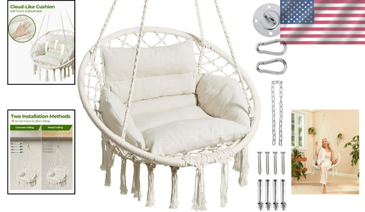 Versatile Macrame Hanging Chair with Adjustable Cushion – 330lbs Capacity, Beige