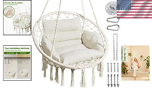 Load image into Gallery viewer, Versatile Macrame Hanging Chair with Adjustable Cushion – 330lbs Capacity, Beige