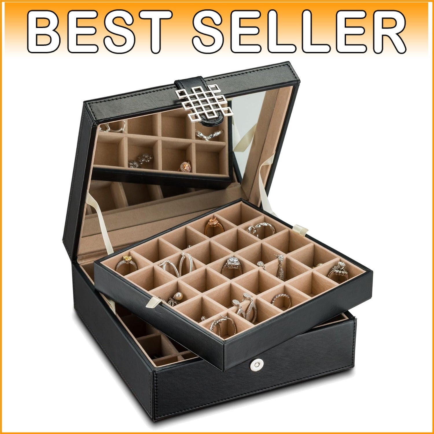 Deluxe Jewelry Box - 50 Compartment Earring Organizer with Mirror & Gift Box