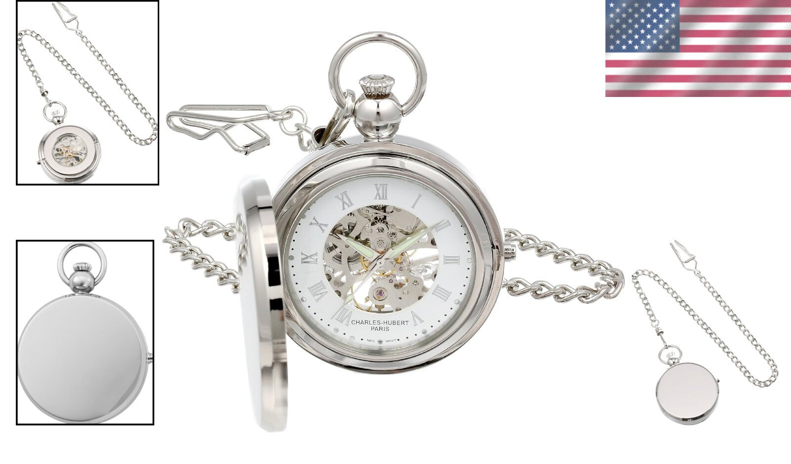 Luxury Chrome Finish 48mm Mechanical Pocket Watch with Photo Insert
