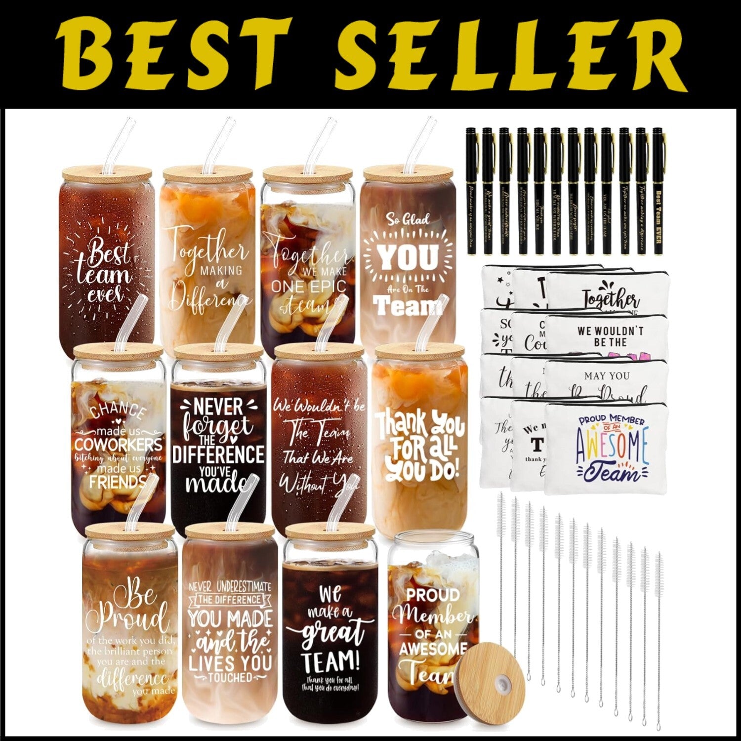 Thank You Gift Set - 12 Glass Cups, Makeup Bags & Pens for Employees, Teachers