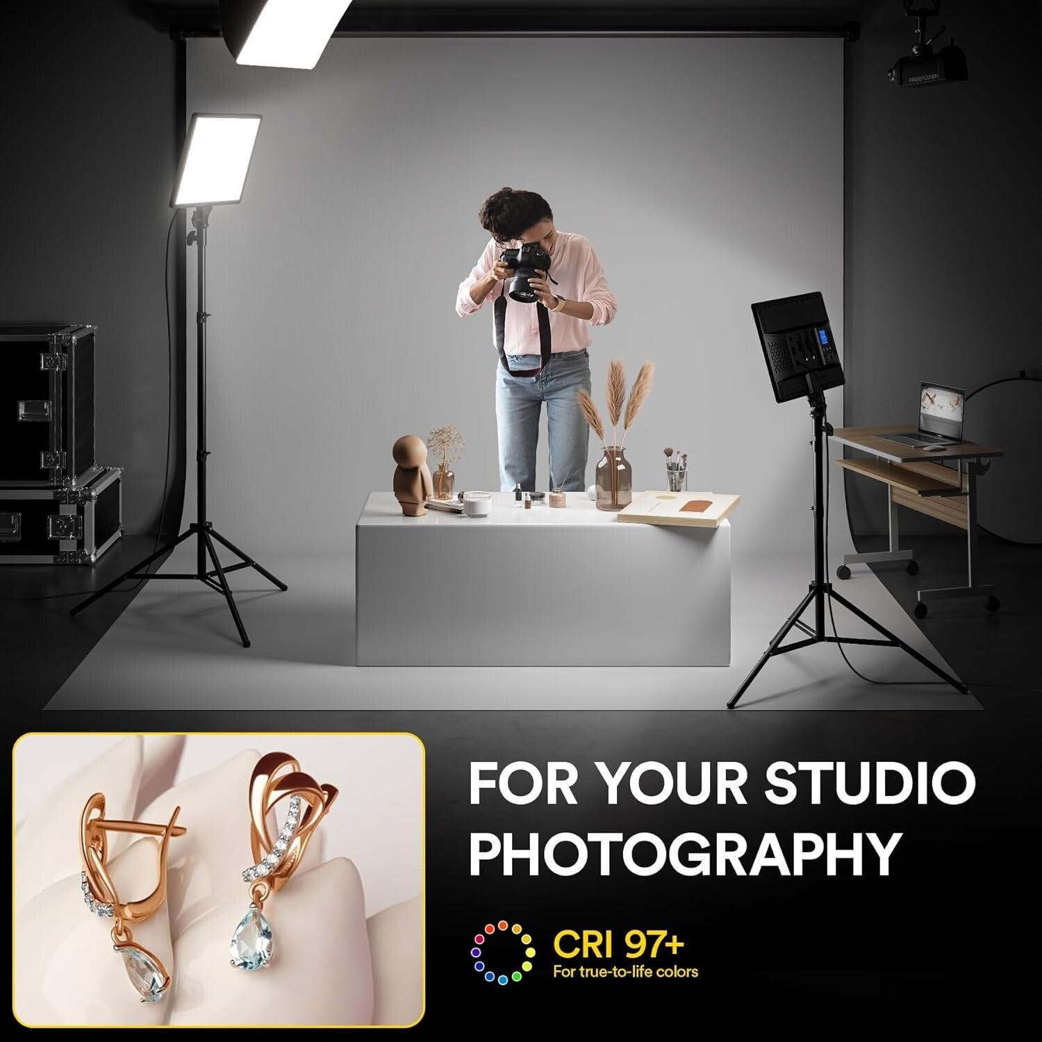 Adjustable LED Studio Lights with 45W Output, 18" Panel & Travel Bag for YouTube