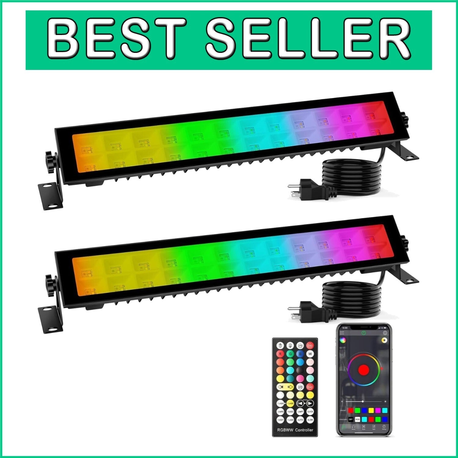 2 Pack RGB+ Warm White LED Wash Light Bar with Music Sync & Timer Function