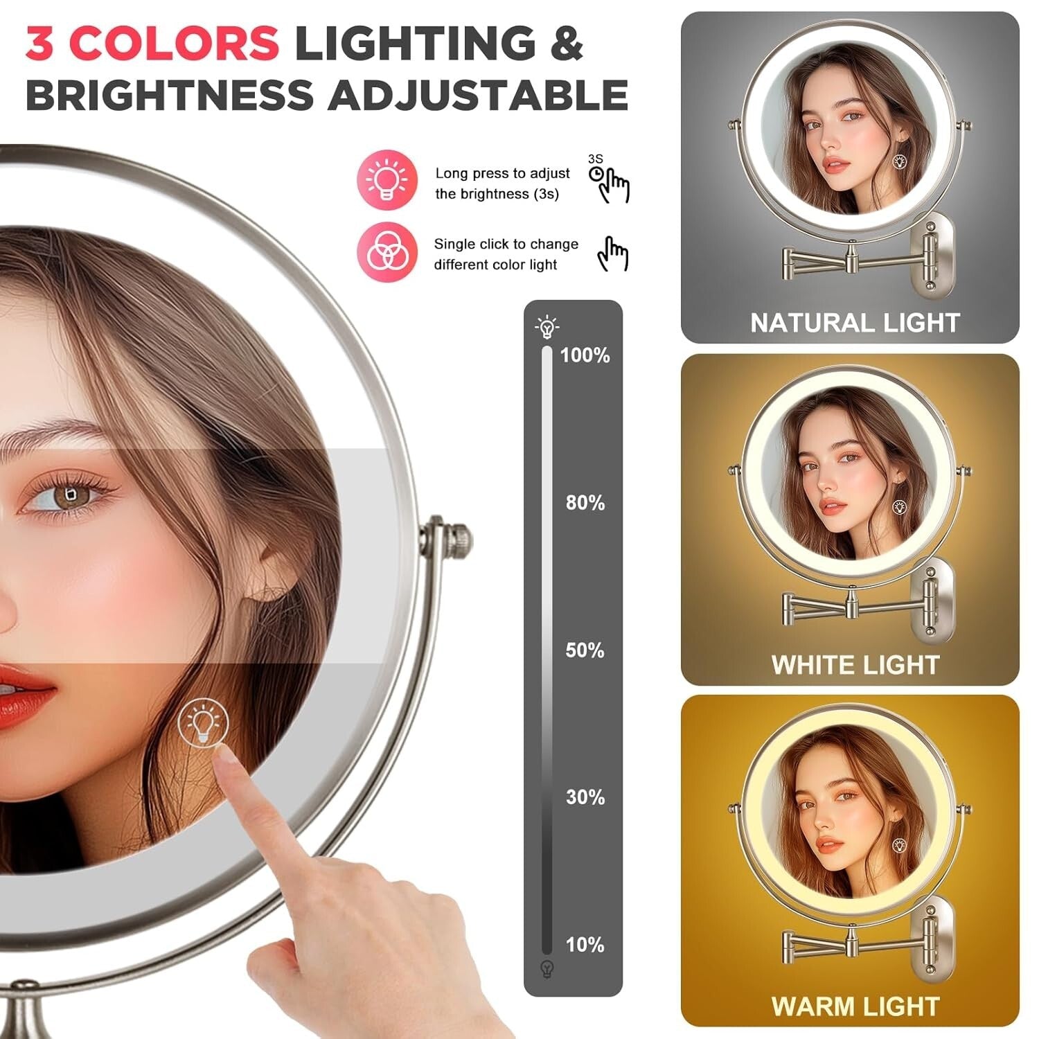 Double-Sided 20X/1X Makeup Mirror with Adjustable Brightness & 3 Color Lights