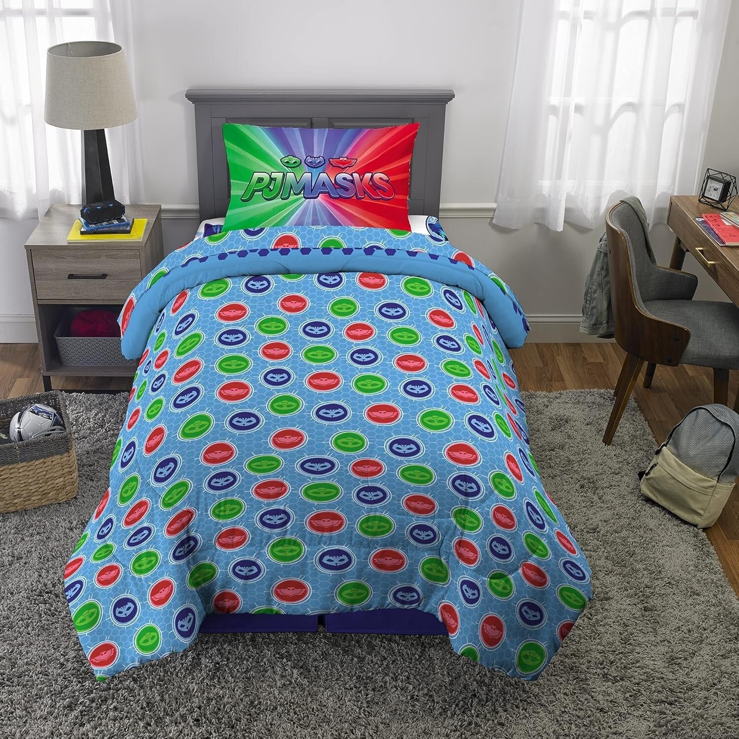 Twin Size PJ Masks Reversible Comforter and Sheet Set - 4 Piece Adventure Set