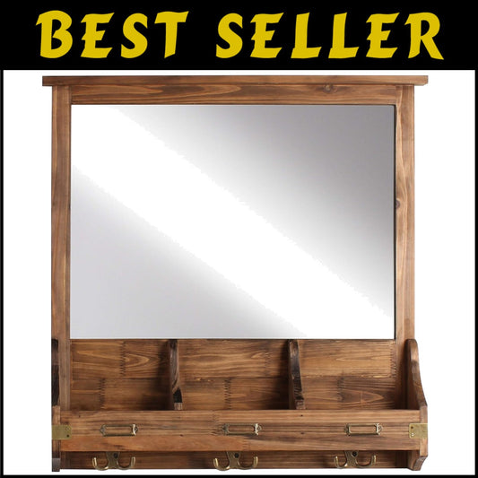 Multi-Functional Rustic Wall Organizer: Mirror, Hooks & Cubbies - 24" Square