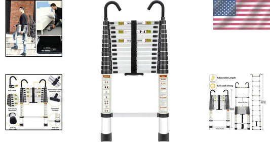 16.5FT Telescopic Aluminum Ladder with Double Hooks & Non-Slip Feet, 330lb Cap
