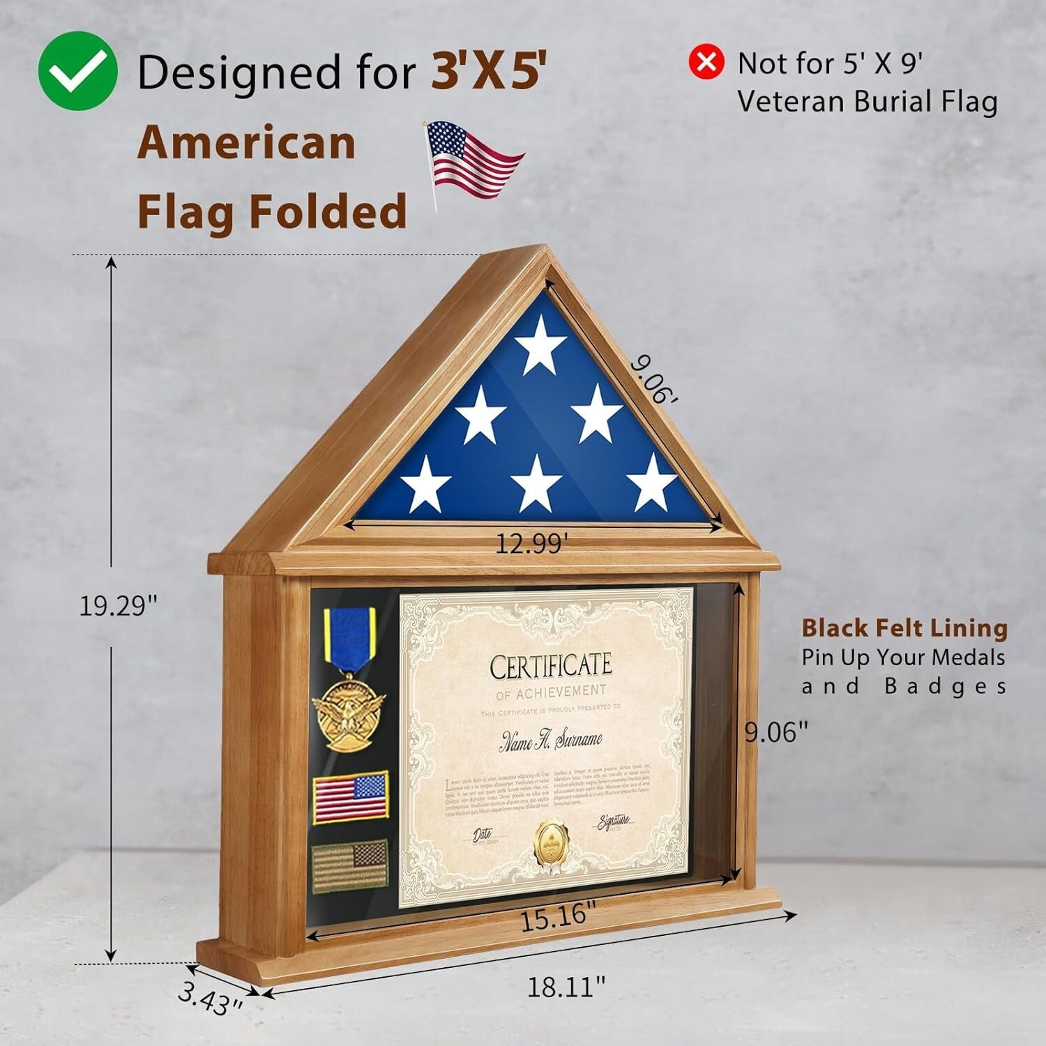 Veteran Honor Flag Display Box with Certificate Holder - Wall Mount or Tabletop