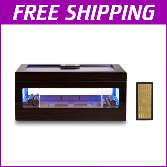 Stylish Cigar Humidor for 120 Cigars with Crystal Gel & Adjustable LED Lighting