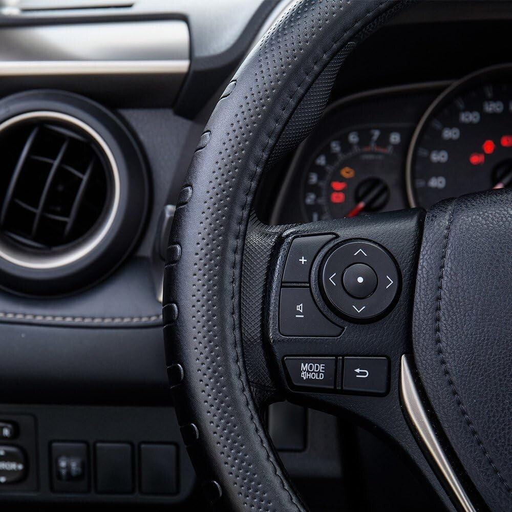 15.5-Inch Black Leather Steering Wheel Cover – Protect & Enhance Driving Comfort