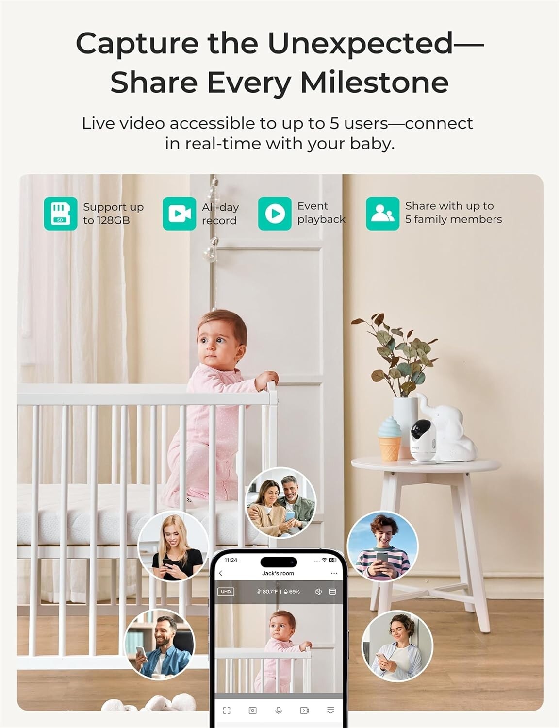 2K Resolution Baby Monitor with 5000mAh Battery & Cry Alerts - Ideal for Parents