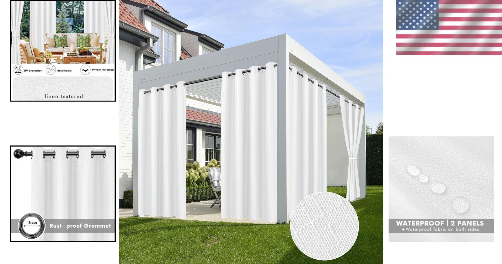 Elegant White Linen Outdoor Curtain Panels - 54" Wide x 84" Long, Weatherproof