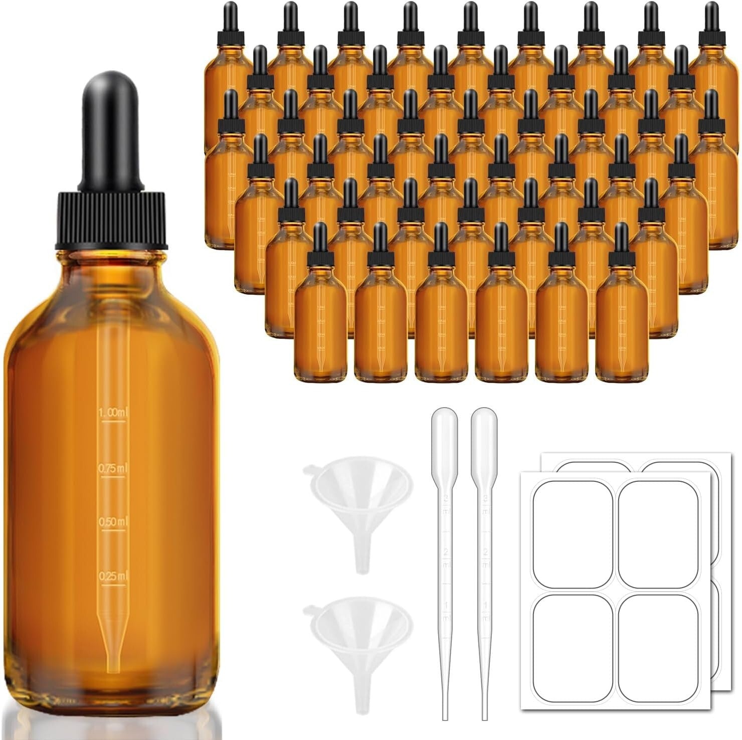 Bulk 48 Pack of 4 oz Leakproof Amber Glass Dropper Bottles with Labels & Funnels