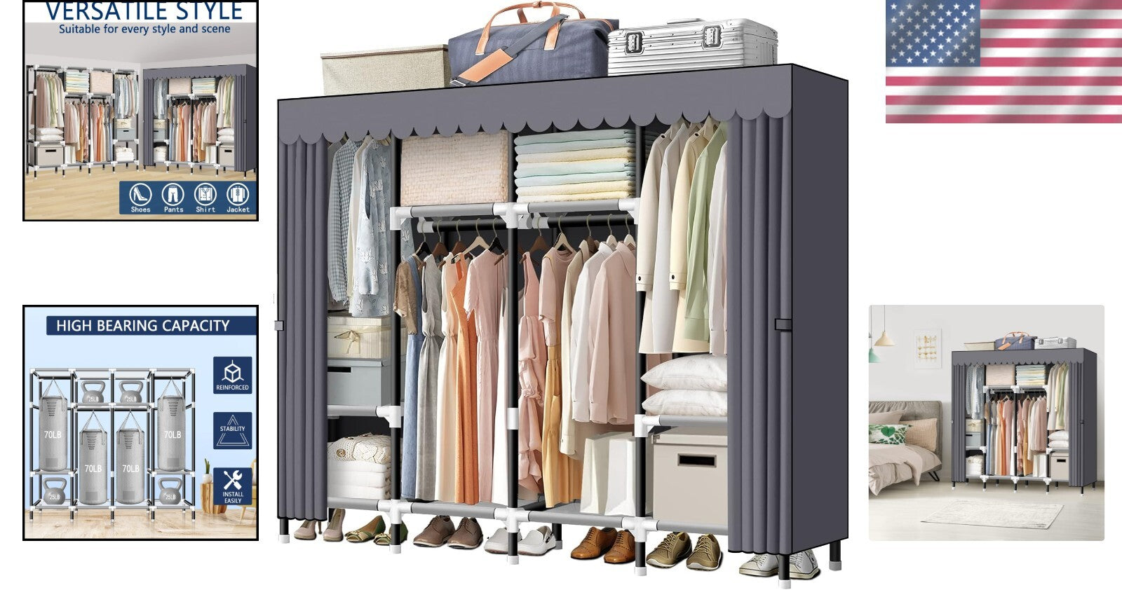 67-Inch Portable Wardrobe Closet with 4 Hanging Rods – Sturdy Steel Tube Design