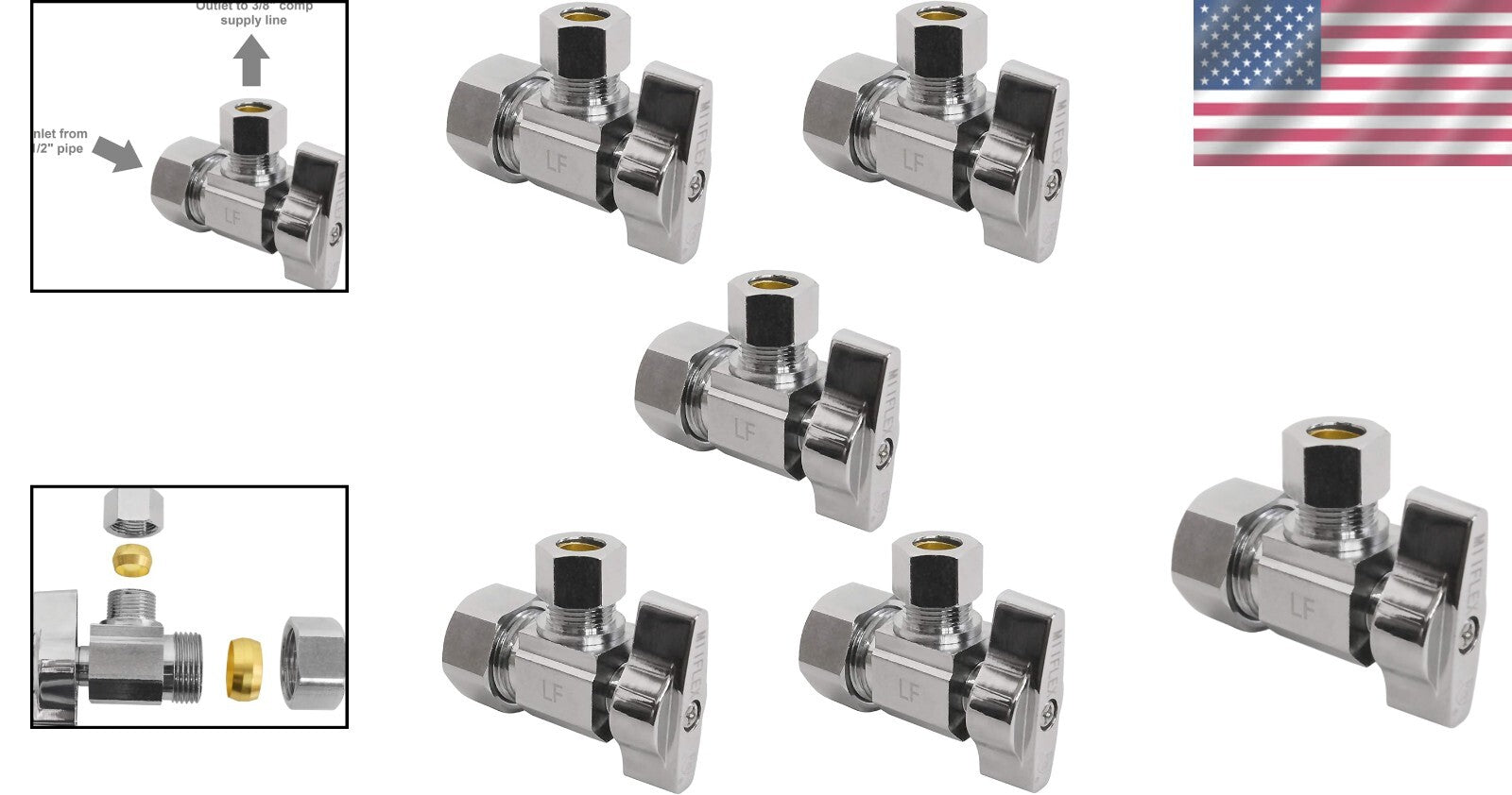 1/4 Turn Chrome Plated Brass Shut Off Valve for Reliable Plumbing - 5 Pack