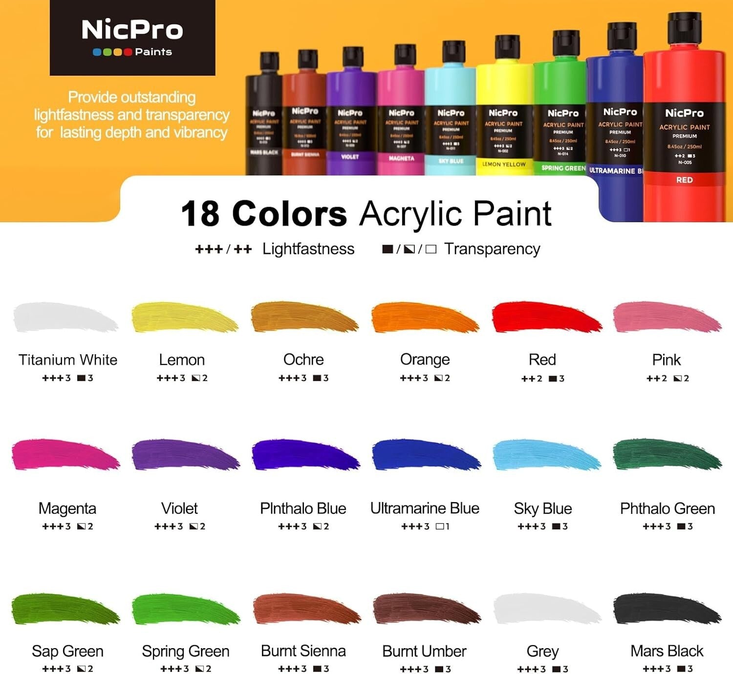 Premium 18-Color Acrylic Paint Bundle - 8.45 Fl Oz Bottles for All Surfaces