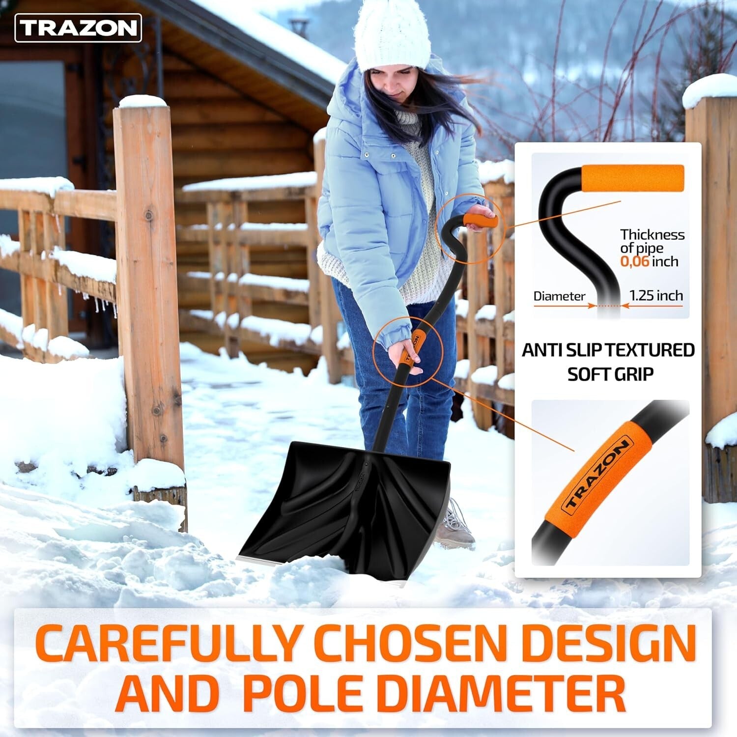 Durable Ergonomic Snow Shovel - 18 Inch Blade, 60 Inch Handle, Foldable Design