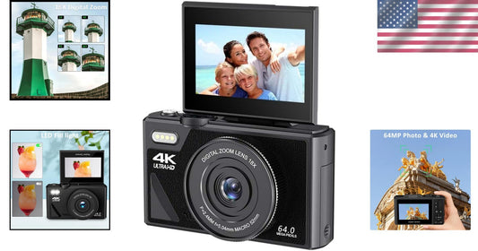 64MP 4K Digital Camera with 3'' Flip Screen & 16X Zoom - Perfect for Vlogging