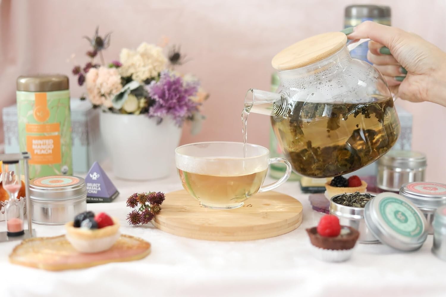 Elegant 40oz Borosilicate Glass Teapot with Bamboo Lid & Blooming Tea Gift Set