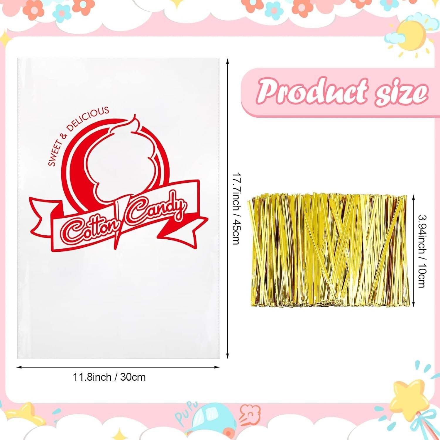 500 Cotton Candy Bags with Clown Print - Large Party Essential, 11.8 x 17.7 Inch