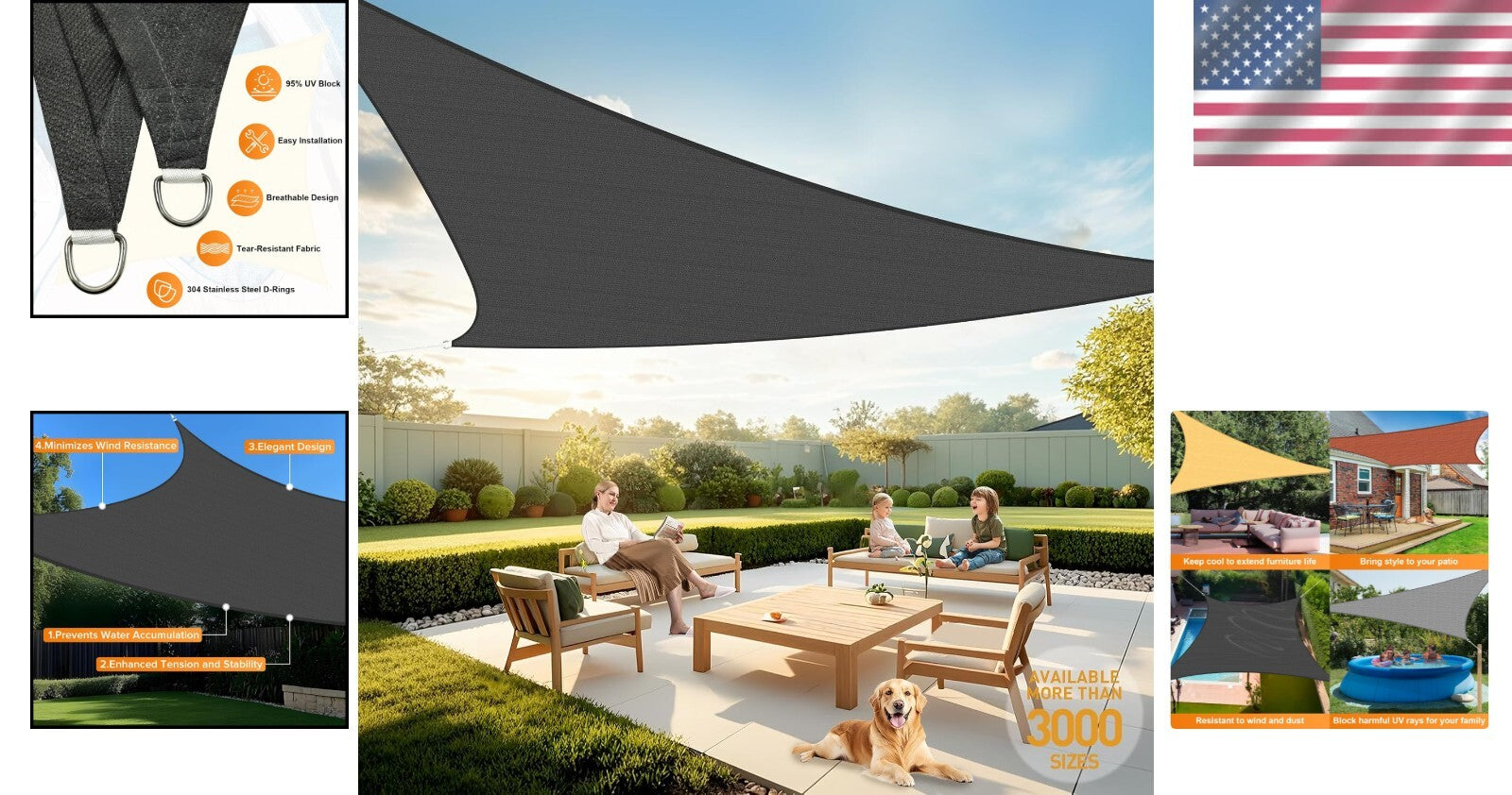 Reinforced 20' Dark Grey Sun Shade Sail - Custom Sizes & Quick Installation