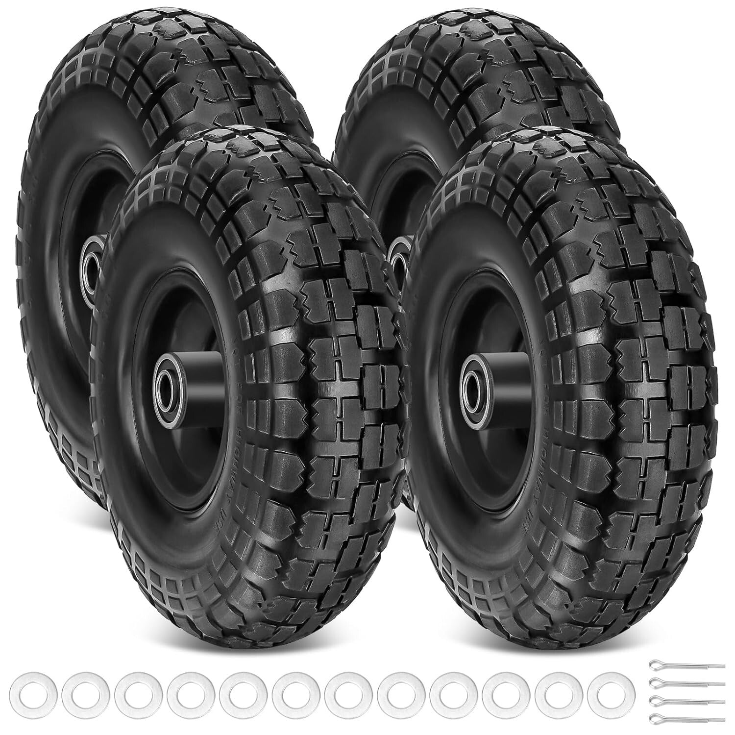 4-Pack 13" Flat Free Tires with Double Sealed Bearings for Carts & Wheelbarrows