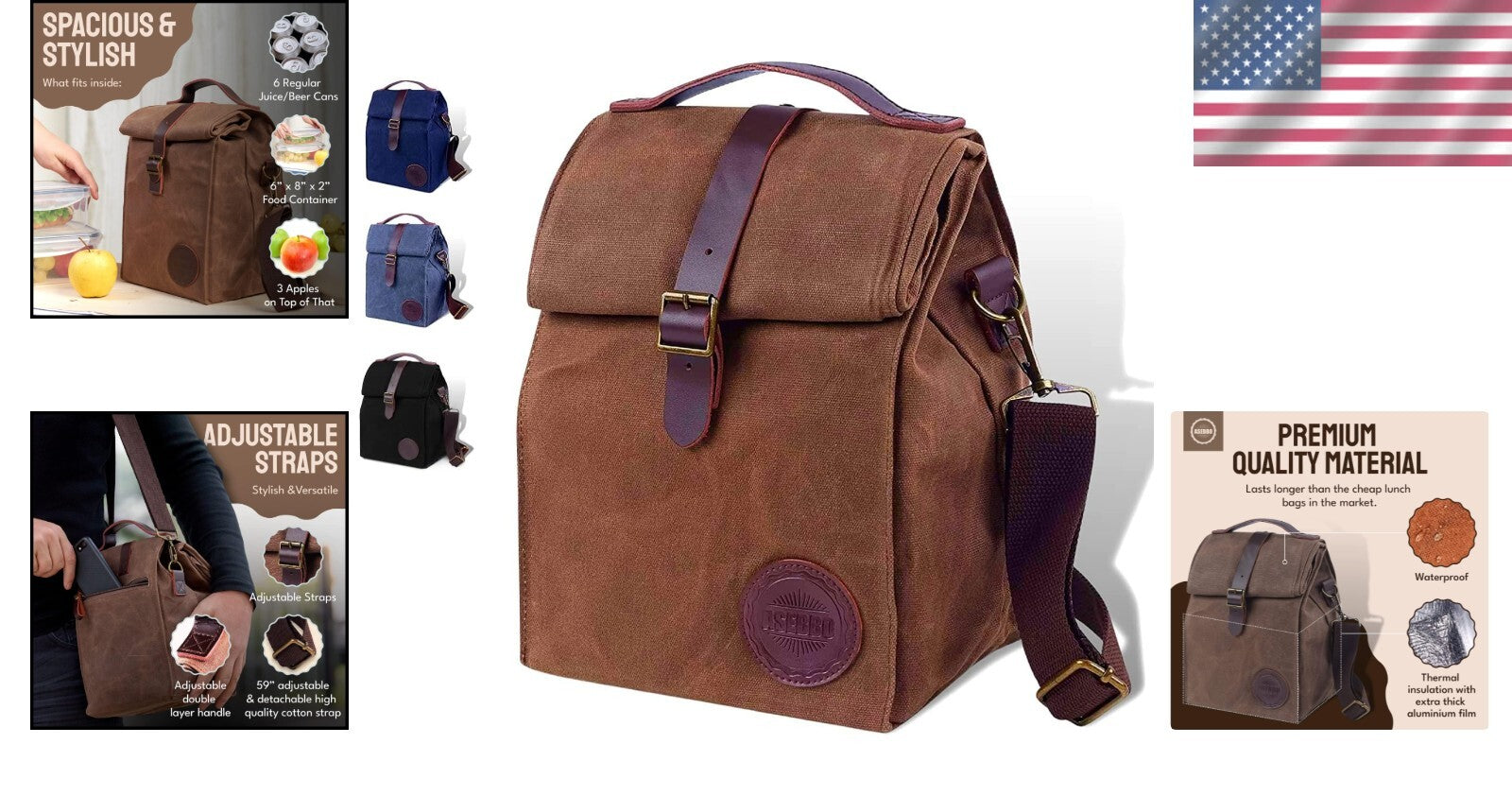 Insulated 10L Waxed Canvas Lunch Bag - Elegant Brown Cooler for Men & Women