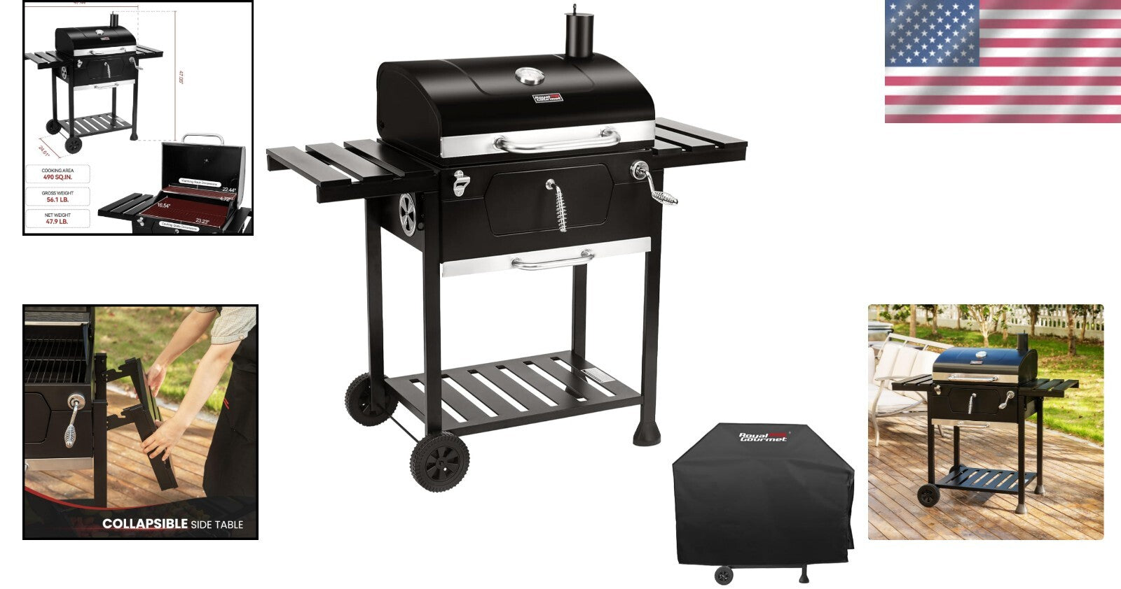 Charcoal Grill with Adjustable Height & Collapsible Tables - Perfect for Picnics