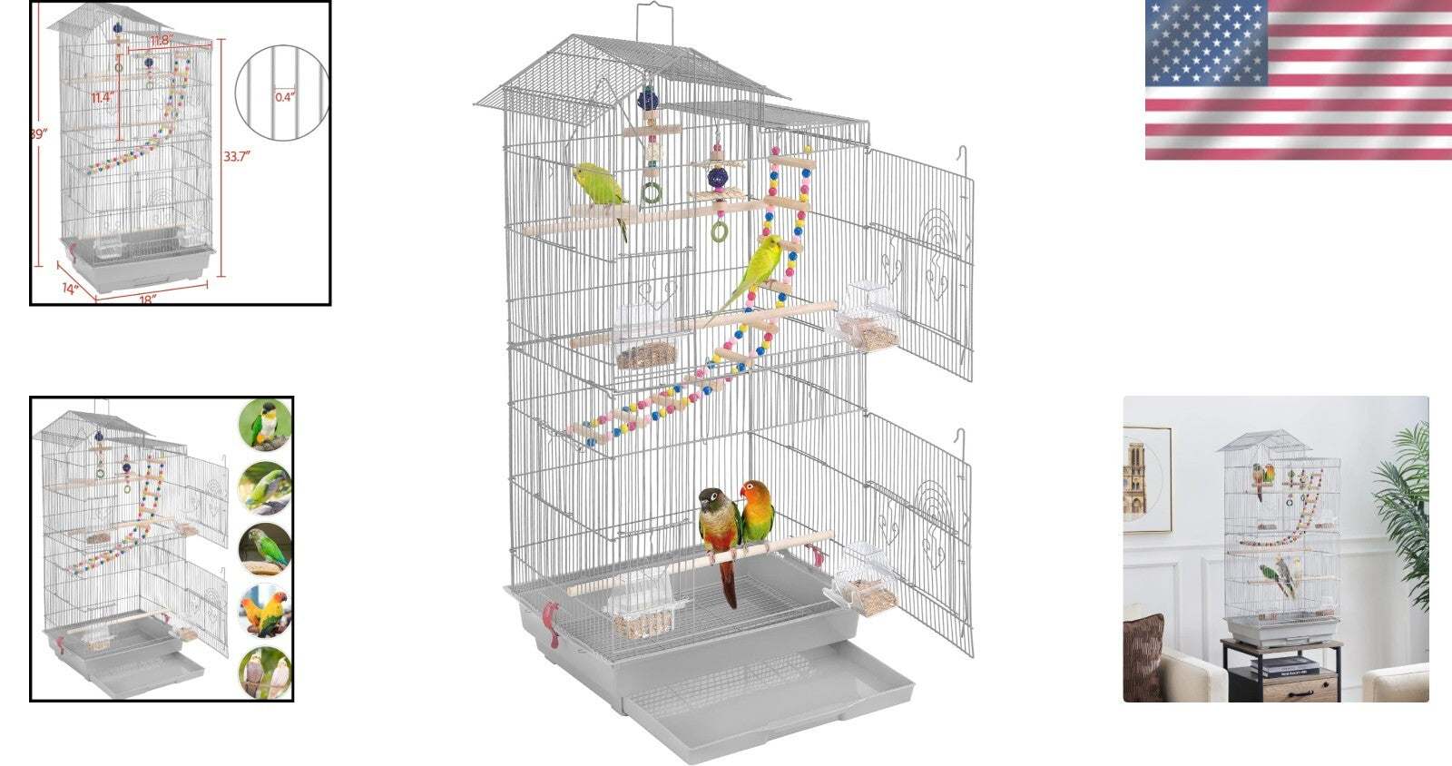 Elegant 39-Inch Bird Cage for Budgies and Finches with Simple Cleaning Features