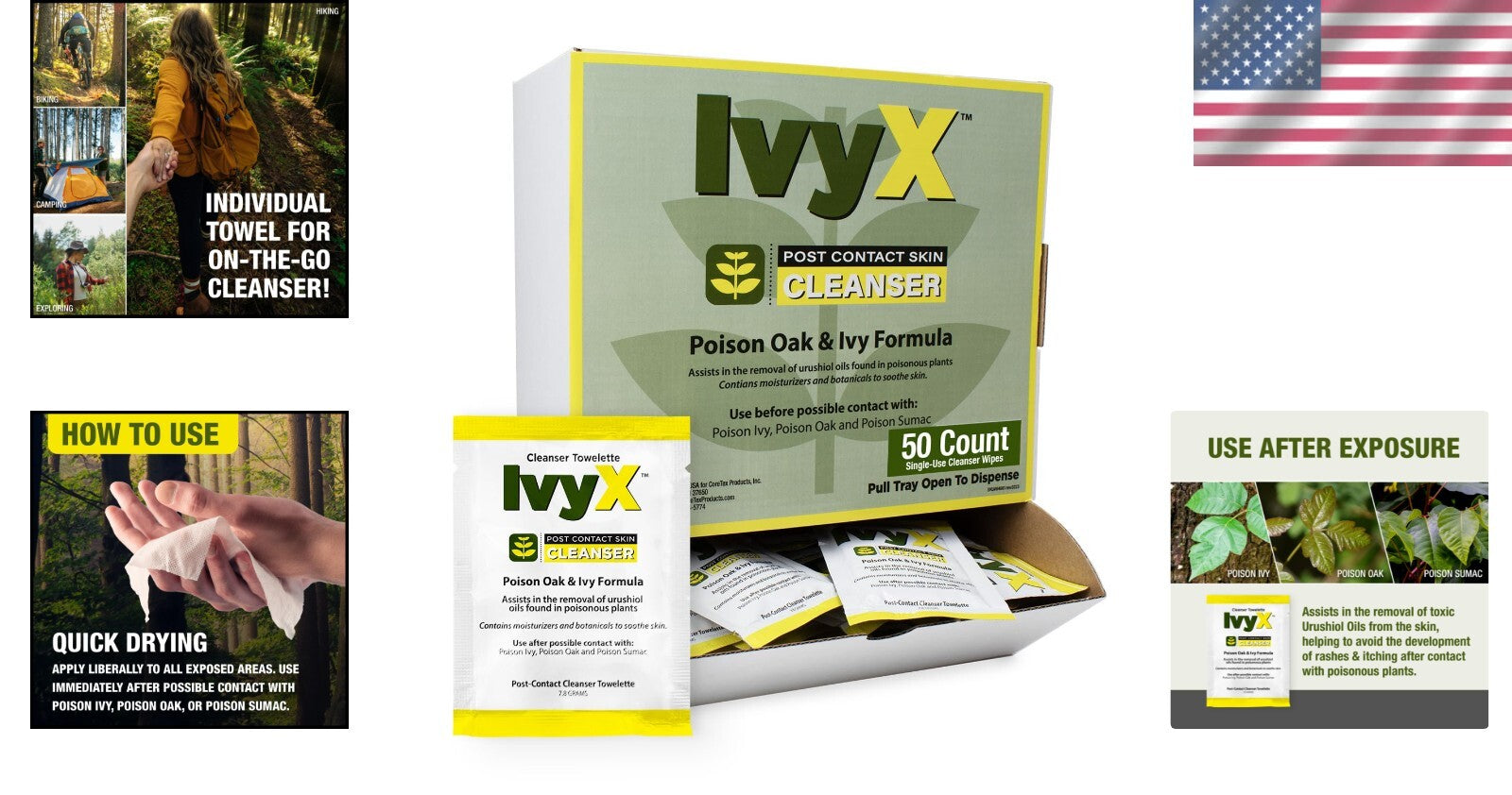 USA Made Ivy X Poison Ivy Treatment Wipes - 50 Pack for Every Outdoor Adventure