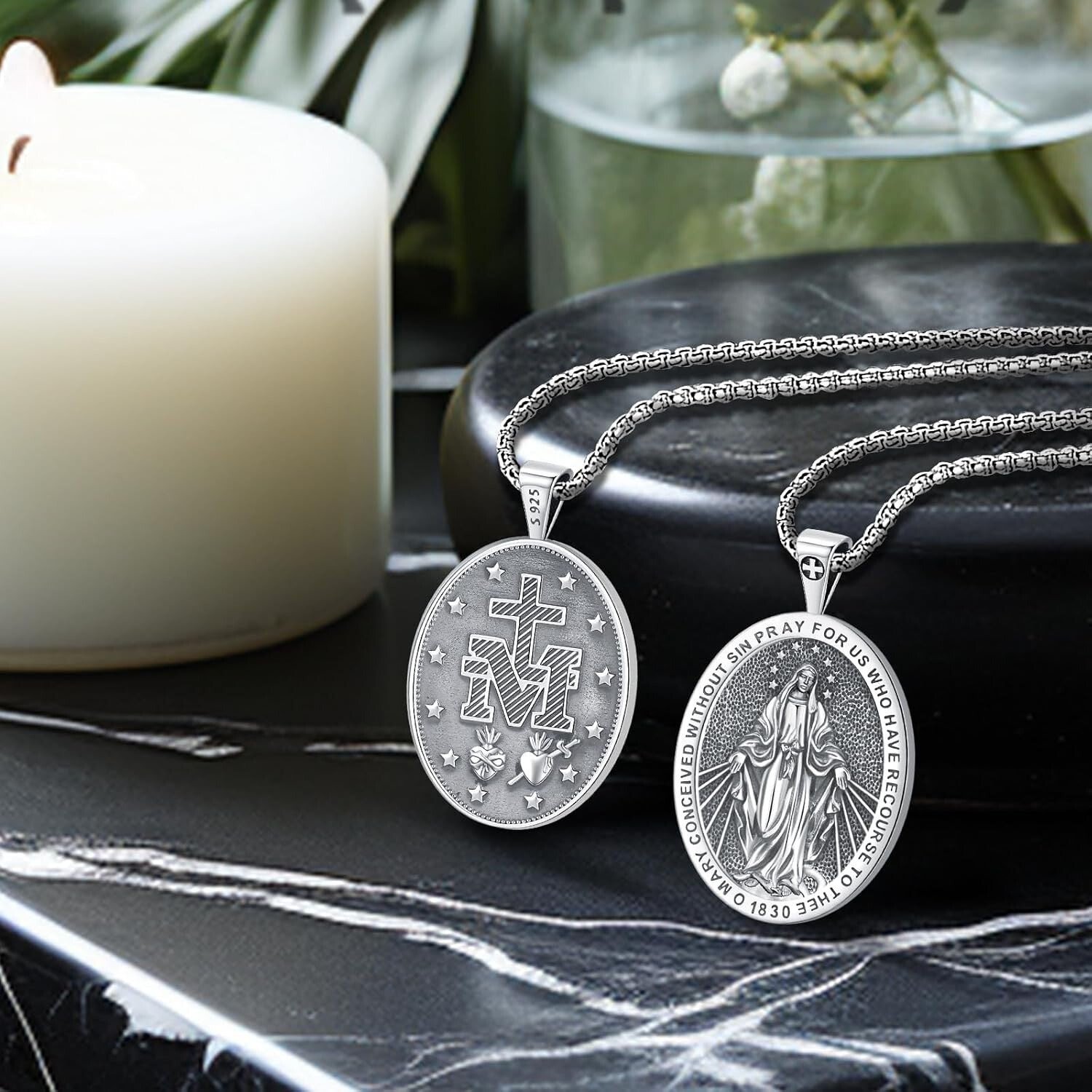 Two-Sided Miraculous Medal Pendant - Elegant Sterling Silver for Men & Women