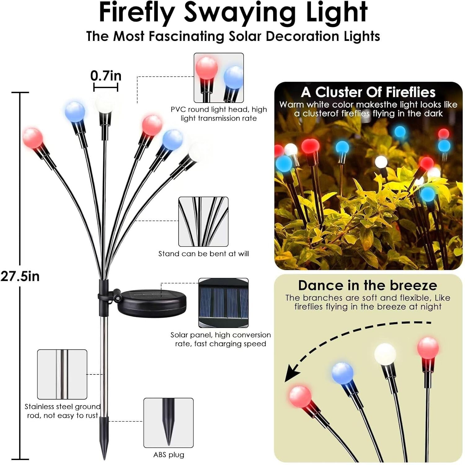 8 Solar Powered Firefly Lights in Red, White & Blue - Waterproof Outdoor Delight