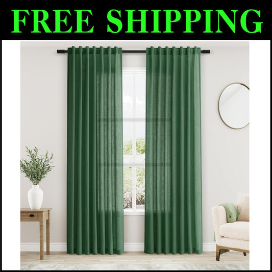 Charming 84" Back Tab Green Linen Curtains - 2 Panels for Modern Farmhouse Decor