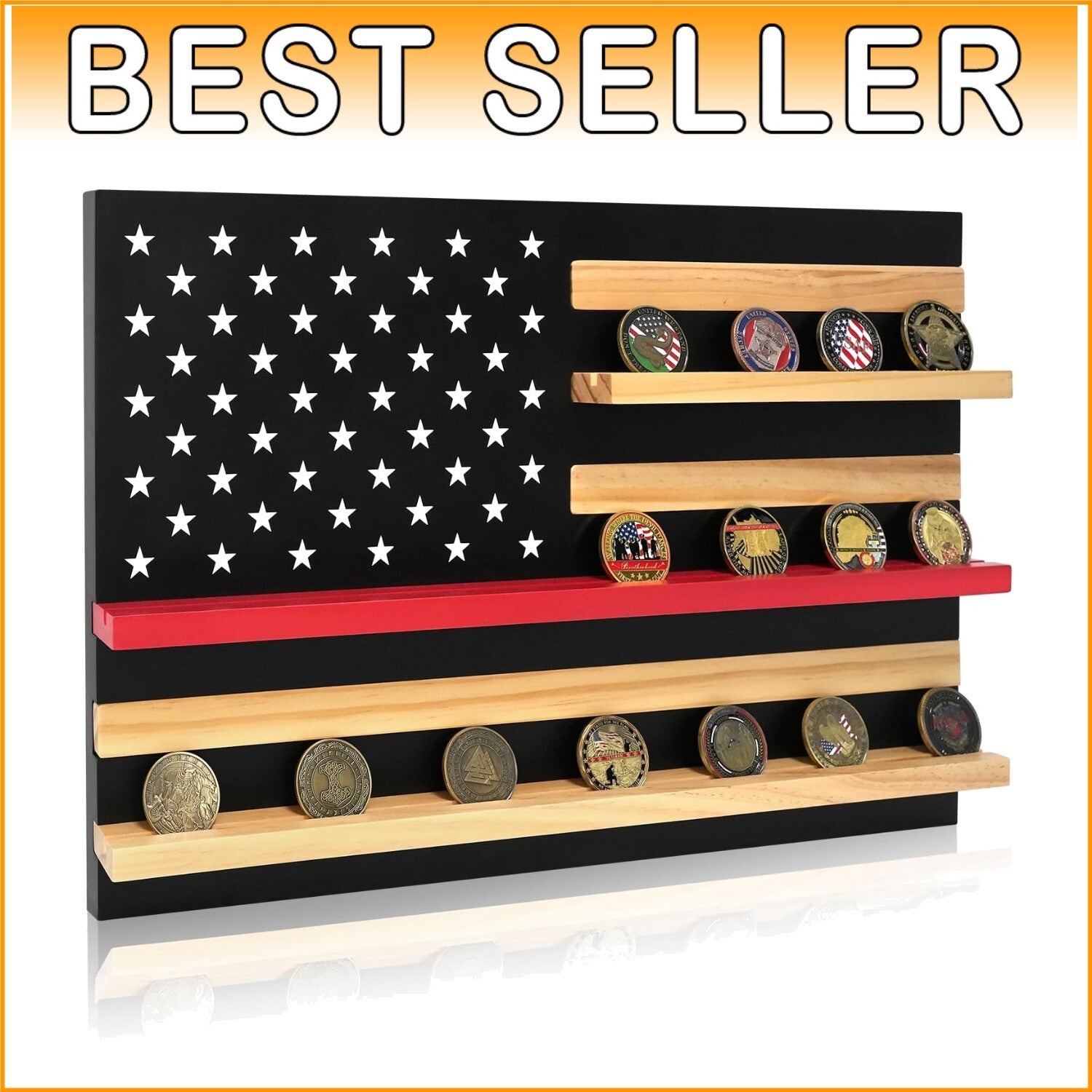 Elegant Thin Red Line Coin Holder - Solid Wood Display for 30 Challenge Coins