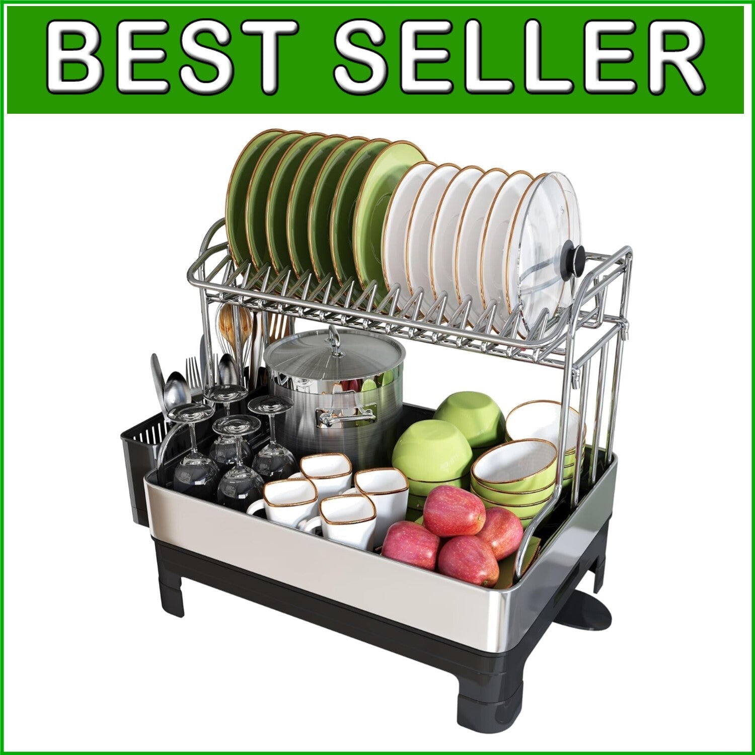 Extra Large Stainless Steel 2-Tier Dish Drying Rack with Utensil Holder, Black