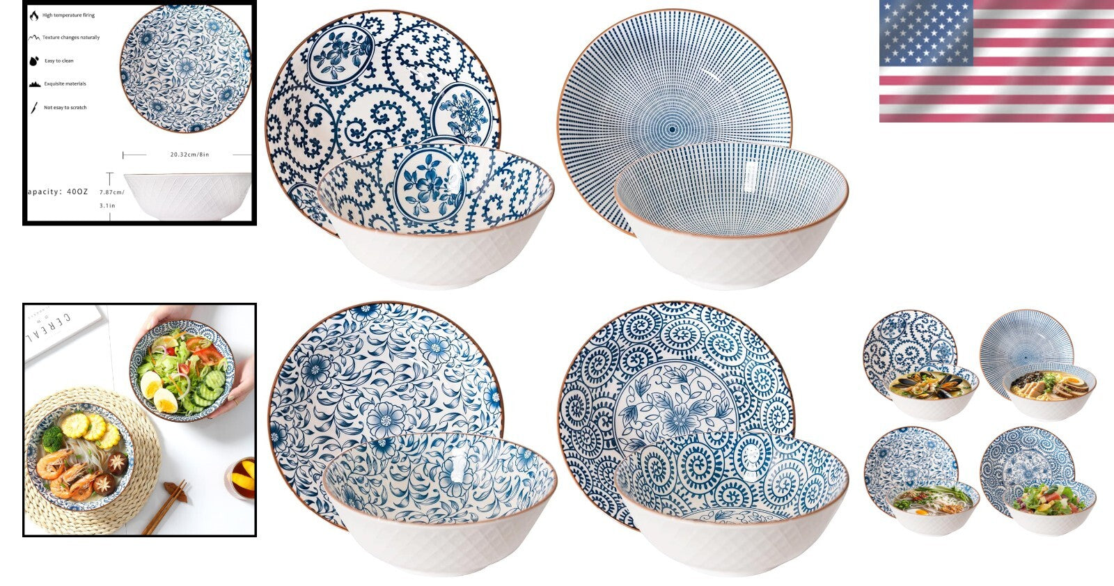 Elegant Ceramic 40 Oz Ramen Bowls Set of 4 - Blue and White Vintage Style