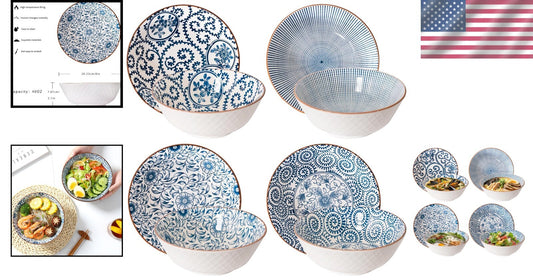 Elegant Ceramic 40 Oz Ramen Bowls Set of 4 - Blue and White Vintage Style