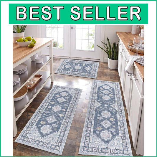 Durable Floral Kitchen Rug Set - 3-Piece with Machine Washable Runner for Safety