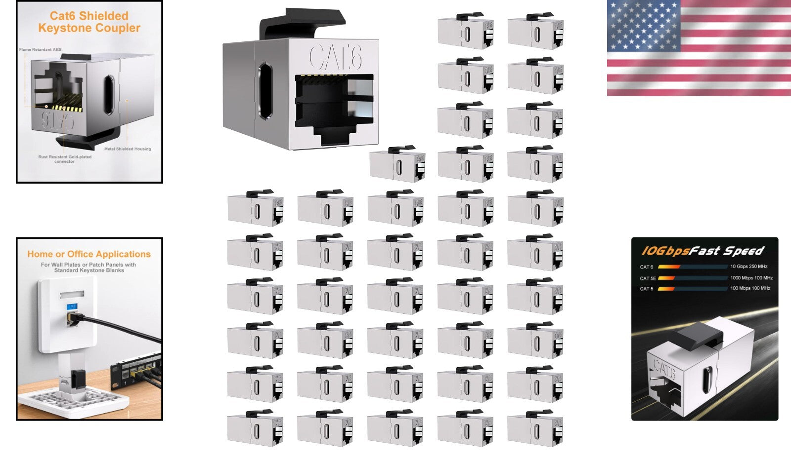 40 Pack Cat6 RJ45 Keystone Jacks - High-Speed Ethernet Couplers for Home Office