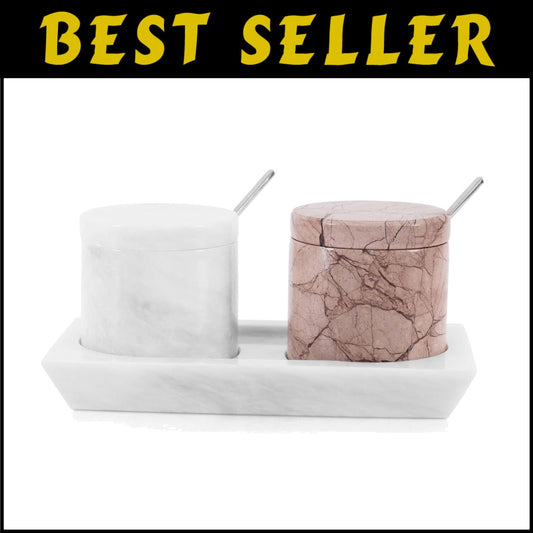 Handmade Marble Salt Cellar Set with Tray - Elegant Spice Holder for Kitchen
