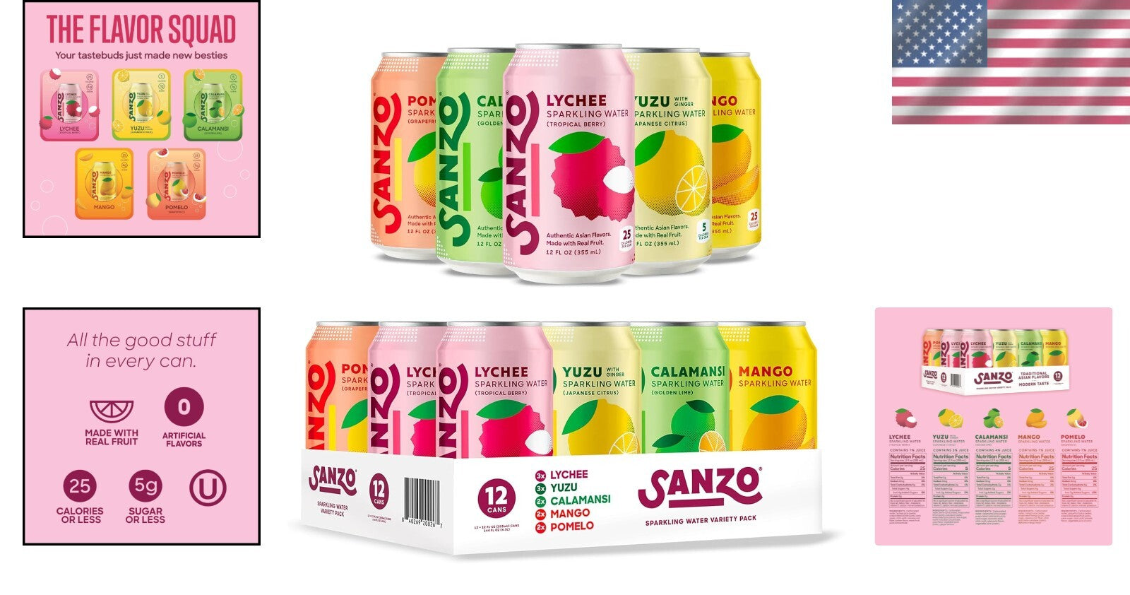 Asian-Inspired Flavored Sparkling Water Variety: 12oz Cans - Vegan & Low Sugar
