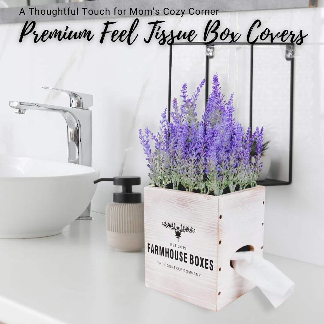Charming Square Tissue Box Cover with Potted Lavender - Rustic Decor Essential