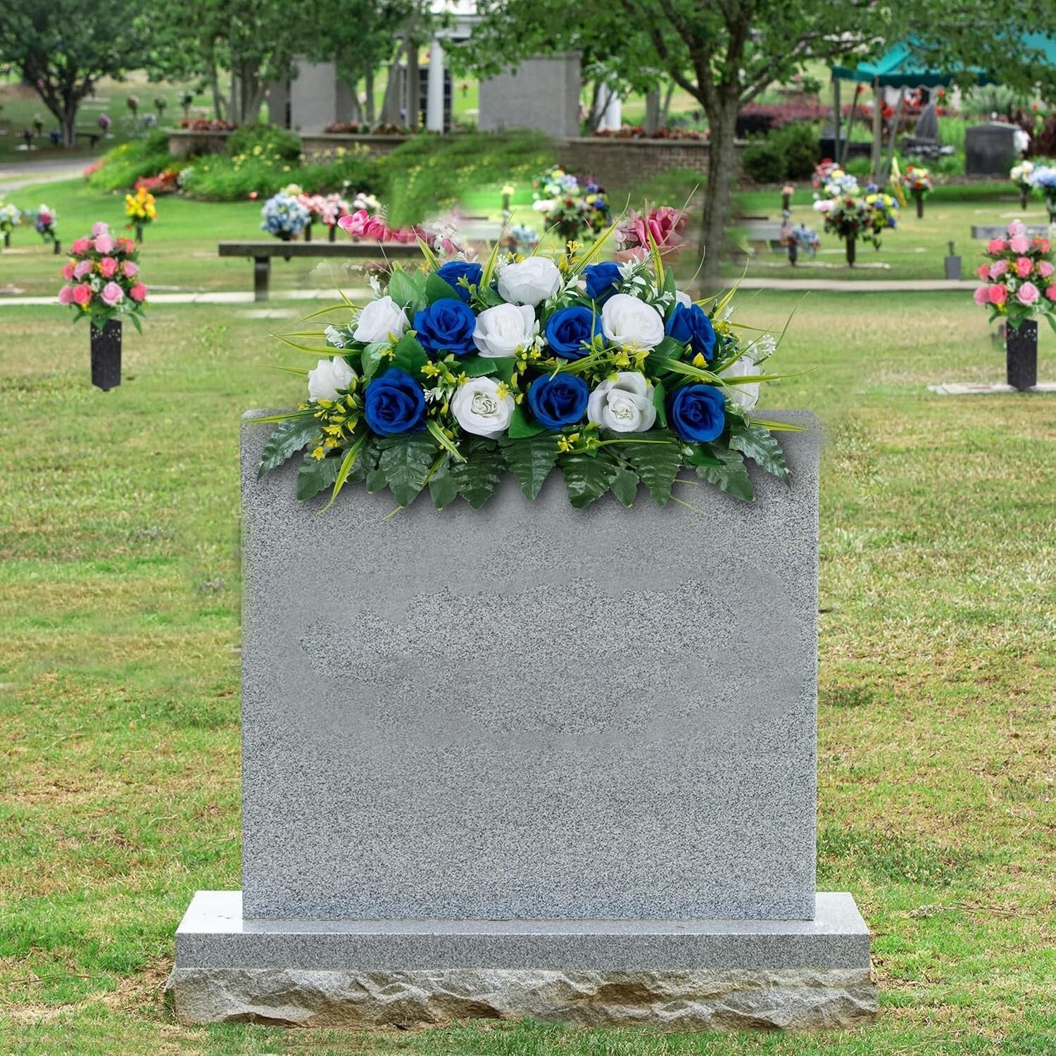 Memorial Flower Saddle for Headstones - Dark Blue & White Silk Roses Decoration