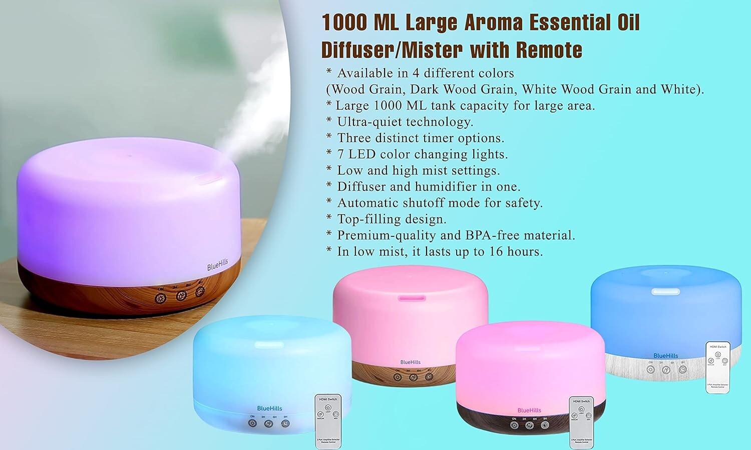 Large Capacity Humidifier and Aroma Diffuser with Auto Shut-Off - Gift Idea