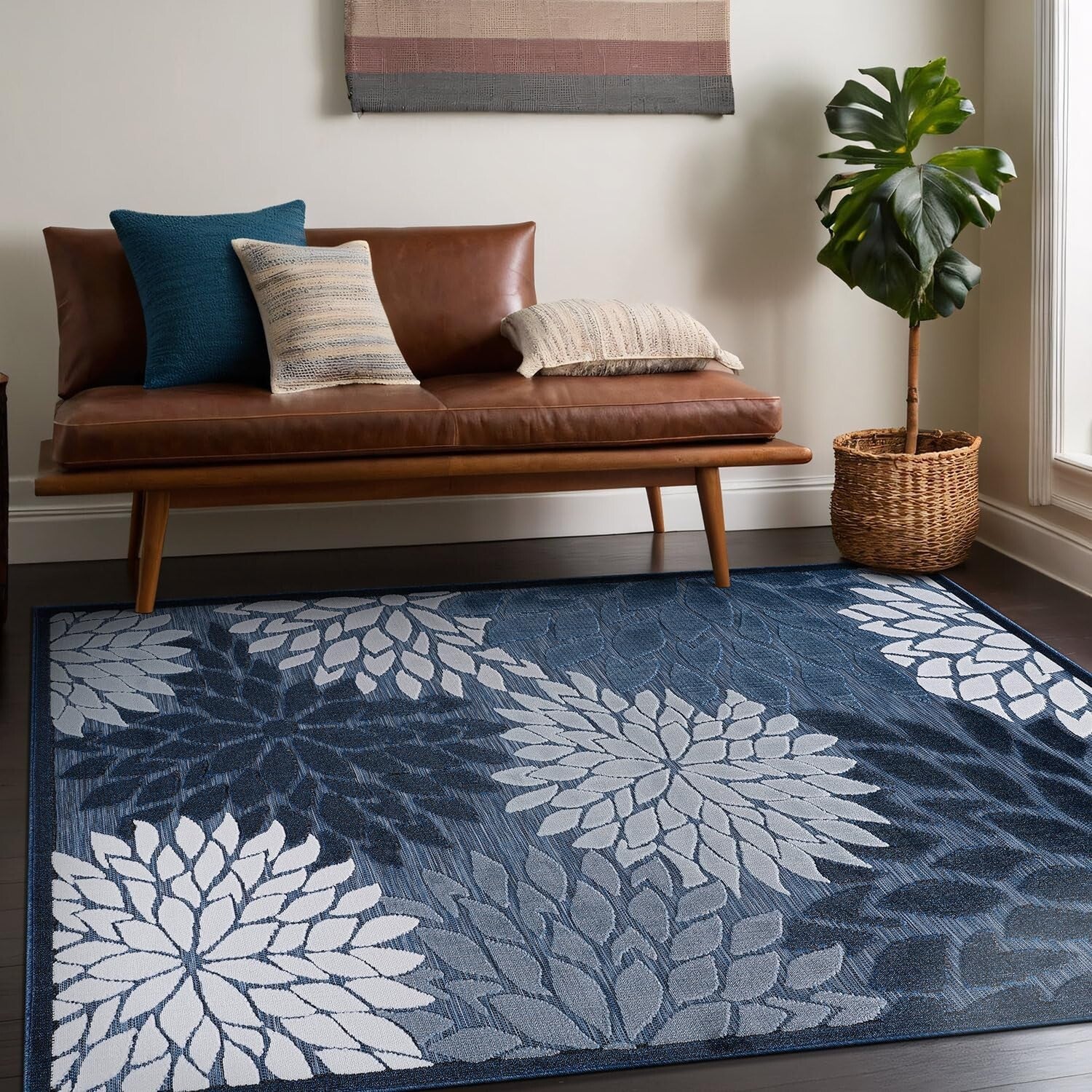 Stain Resistant Navy Blue Floral Area Rug 6x9 for Indoor & Outdoor Elegance