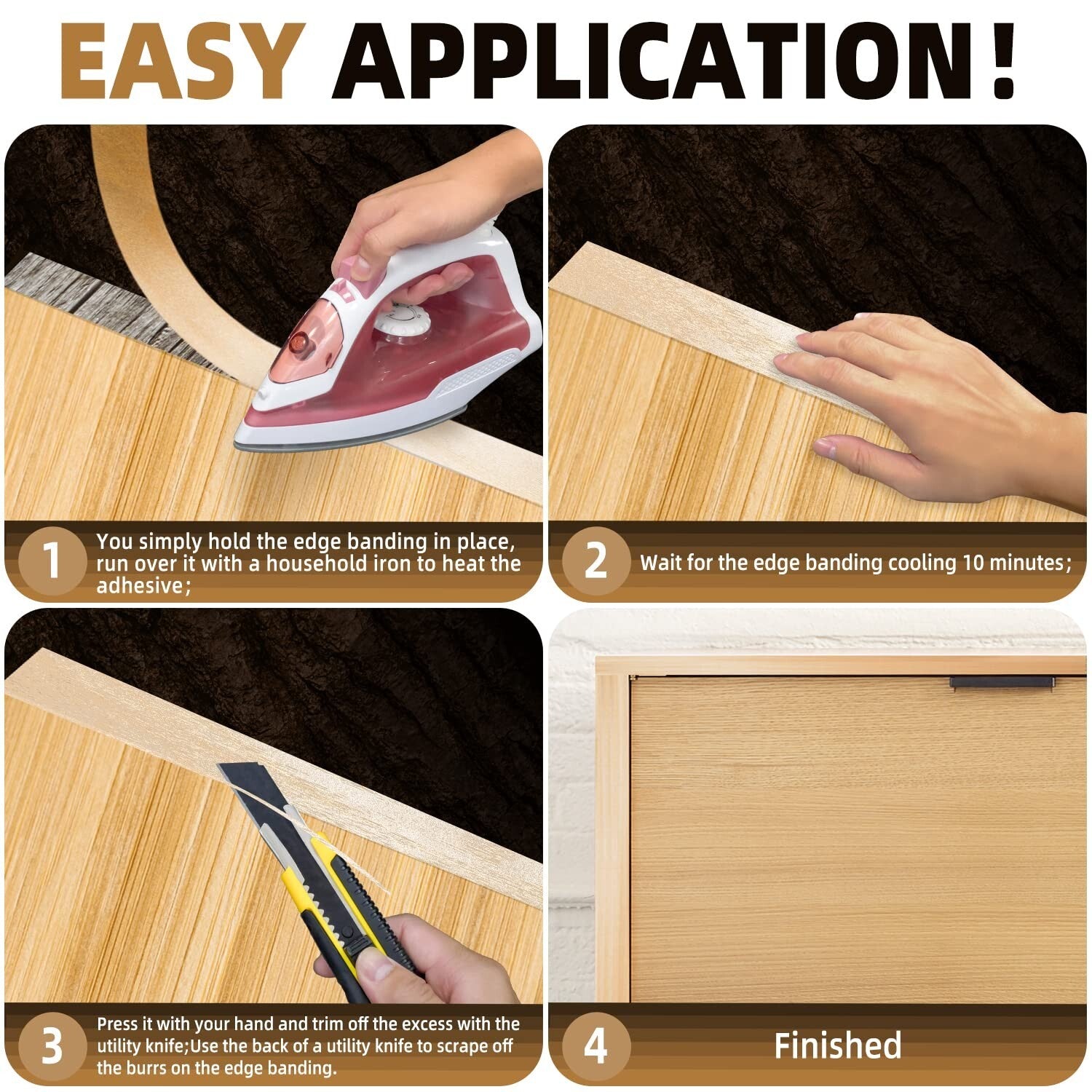 Premium Birch Edge Banding 2x500ft - Pre-Glued Wood Veneer for Easy Repairs